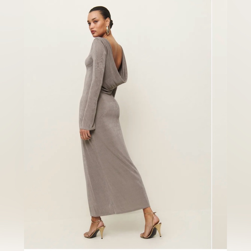 Aurelio - long sleeve maxi dress, boat neckline, open back, and a buckle detail.
